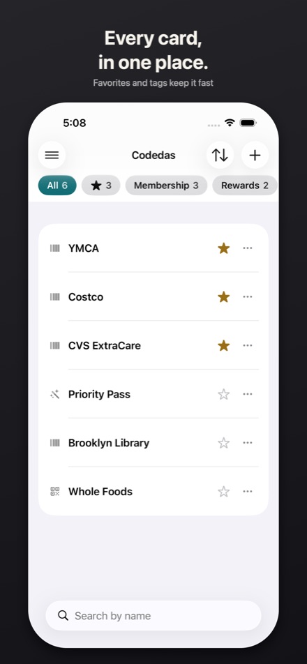 The card list, with favorites at the top and tags across the top row